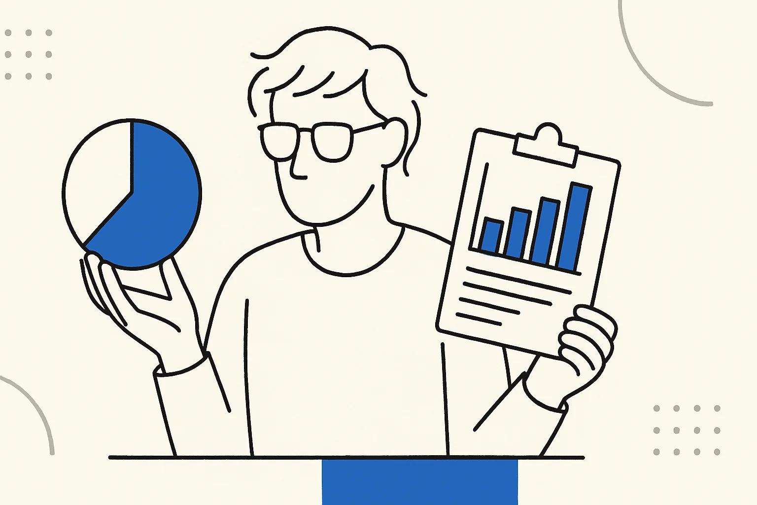 Flat illustration on a light cream background featuring bold blue accents, hand-drawn black line art, and subtle geometric motifs