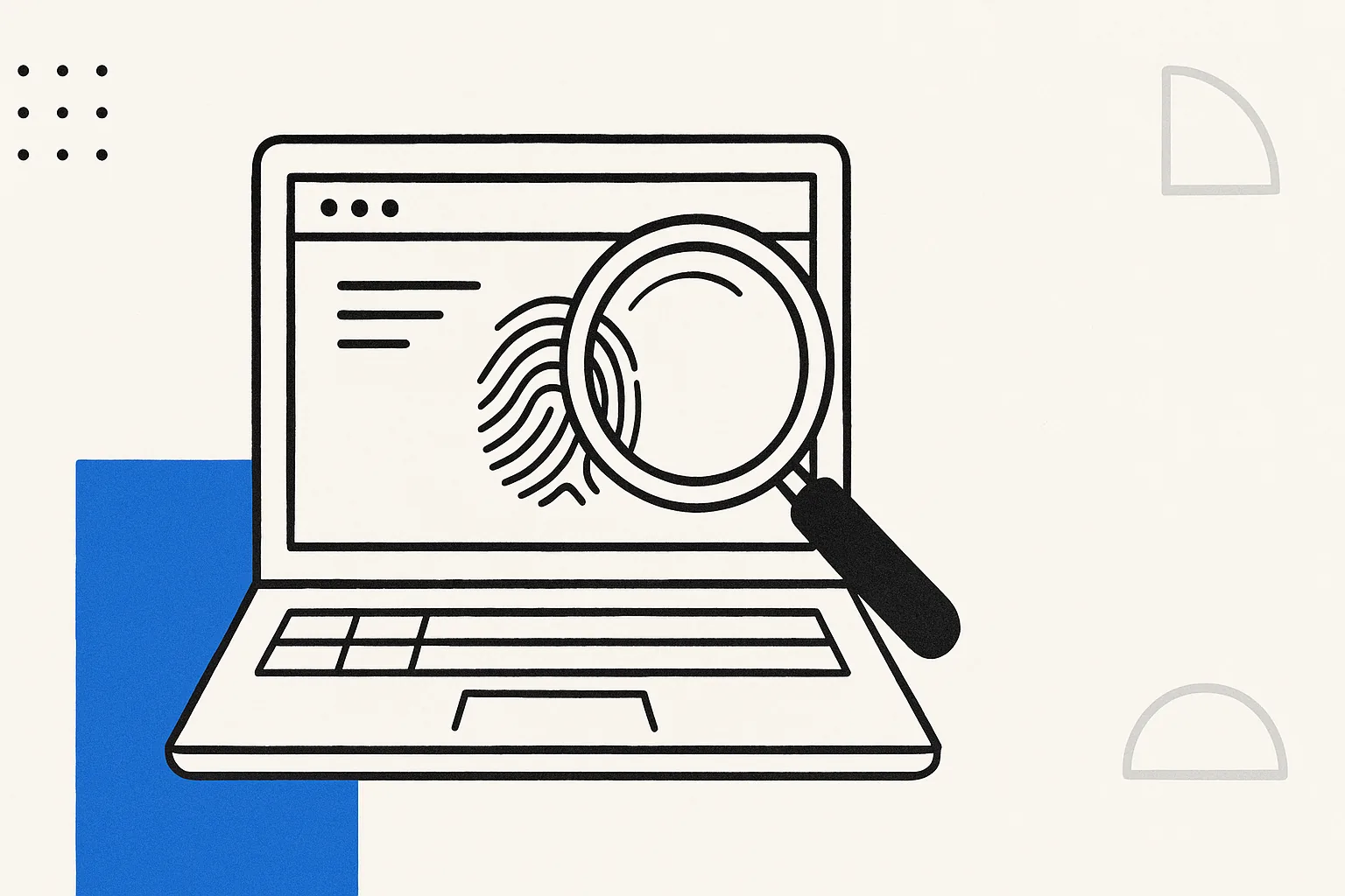 Flat illustration on a light cream background featuring bold blue accents, black line-art, and subtle geometric motifs, minimalist style